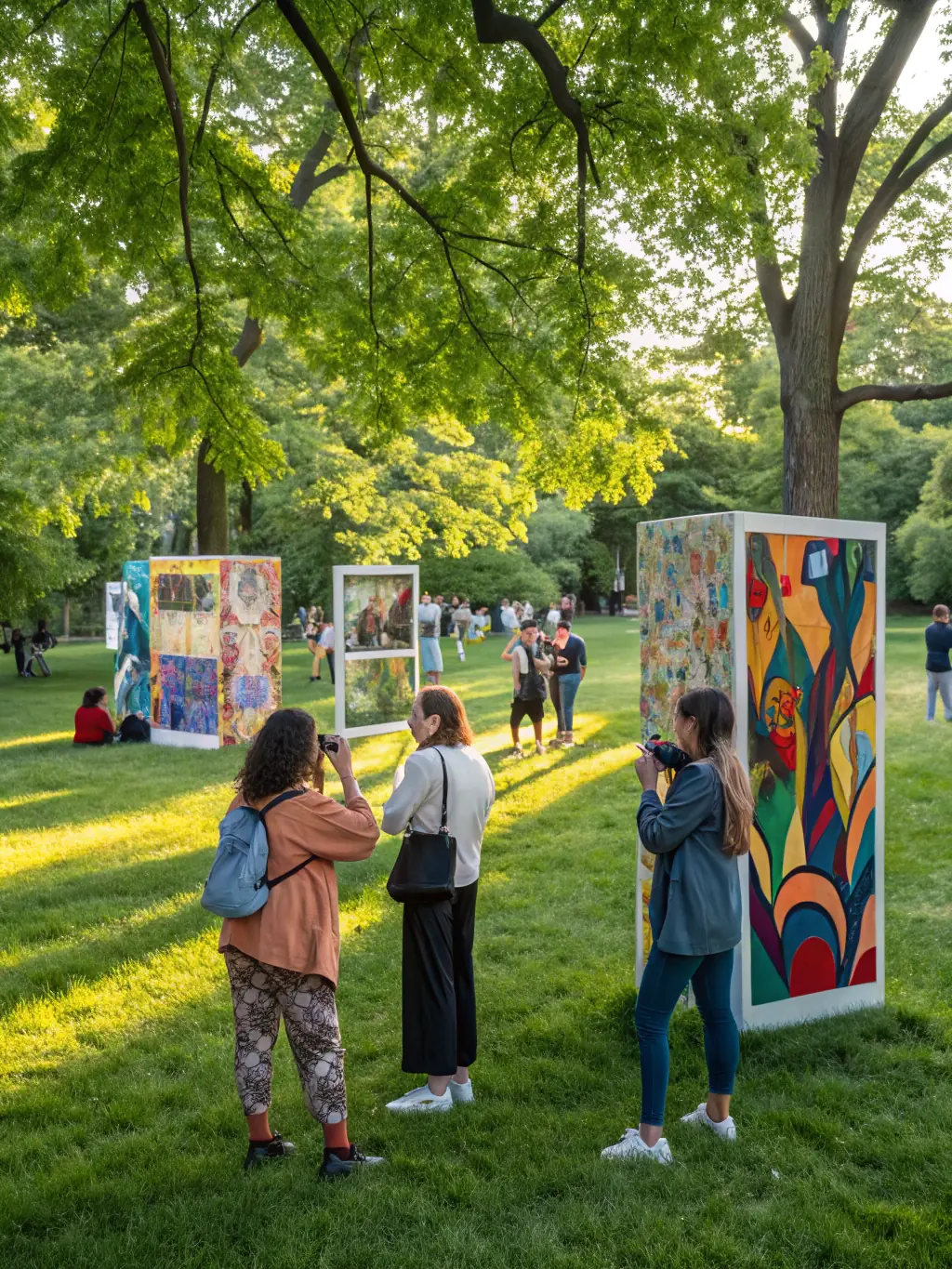 A photograph of an outdoor art exhibition at the farm, showcasing sculptures made from recycled materials, with visitors admiring the artwork.