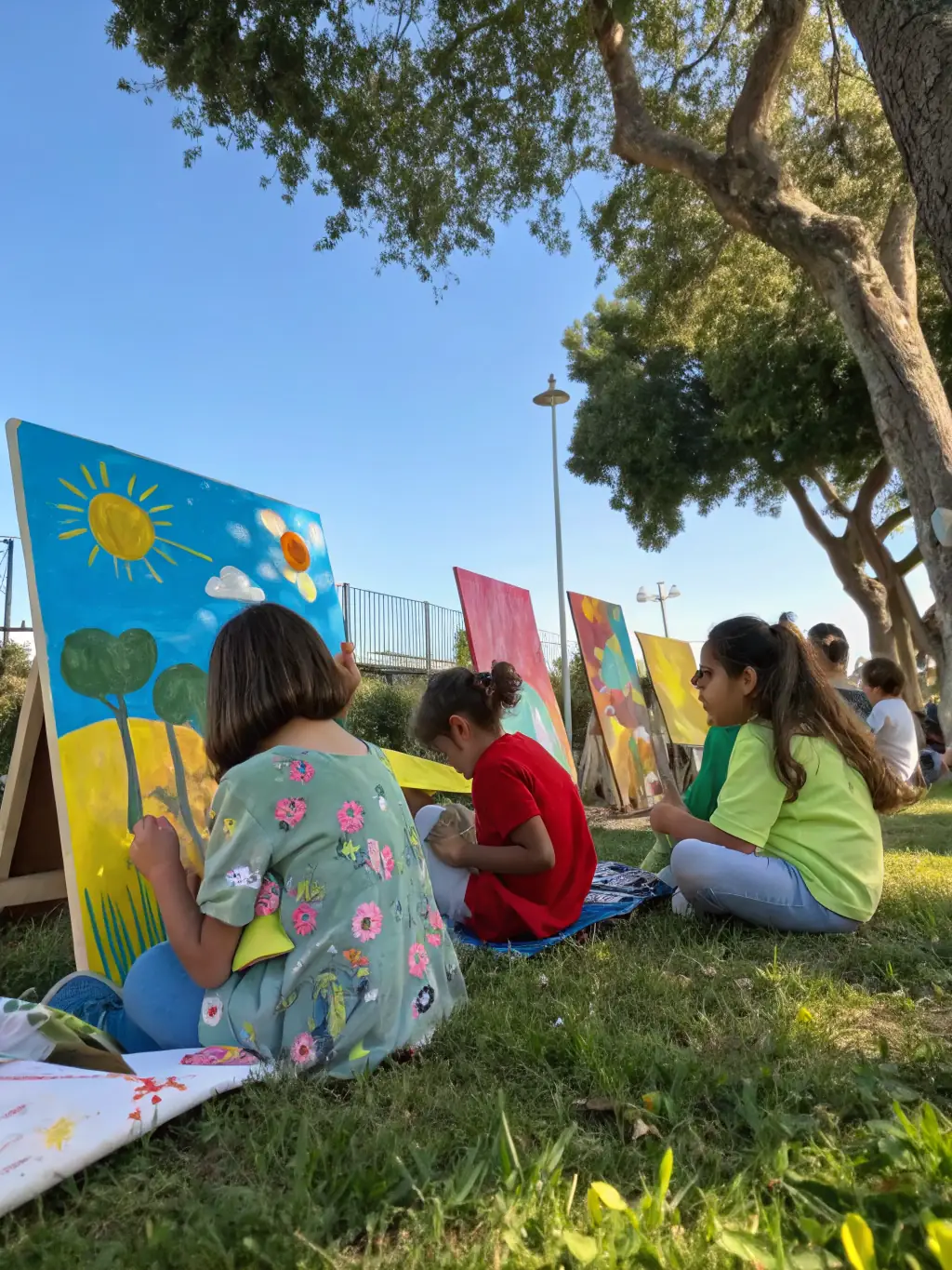 A group of children participating in an eco-art workshop, learning how to create art using natural and sustainable materials.