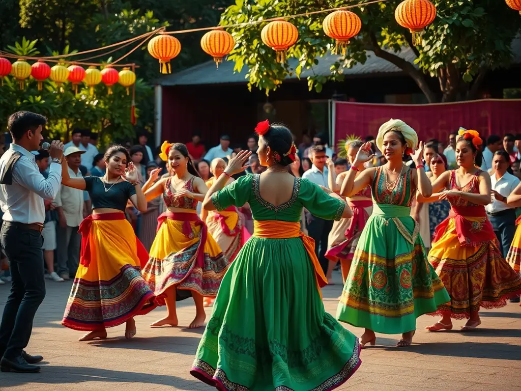 A lively image capturing a cultural event with music, dance, and local crafts, highlighting the association's commitment to cultural exchange and community engagement.