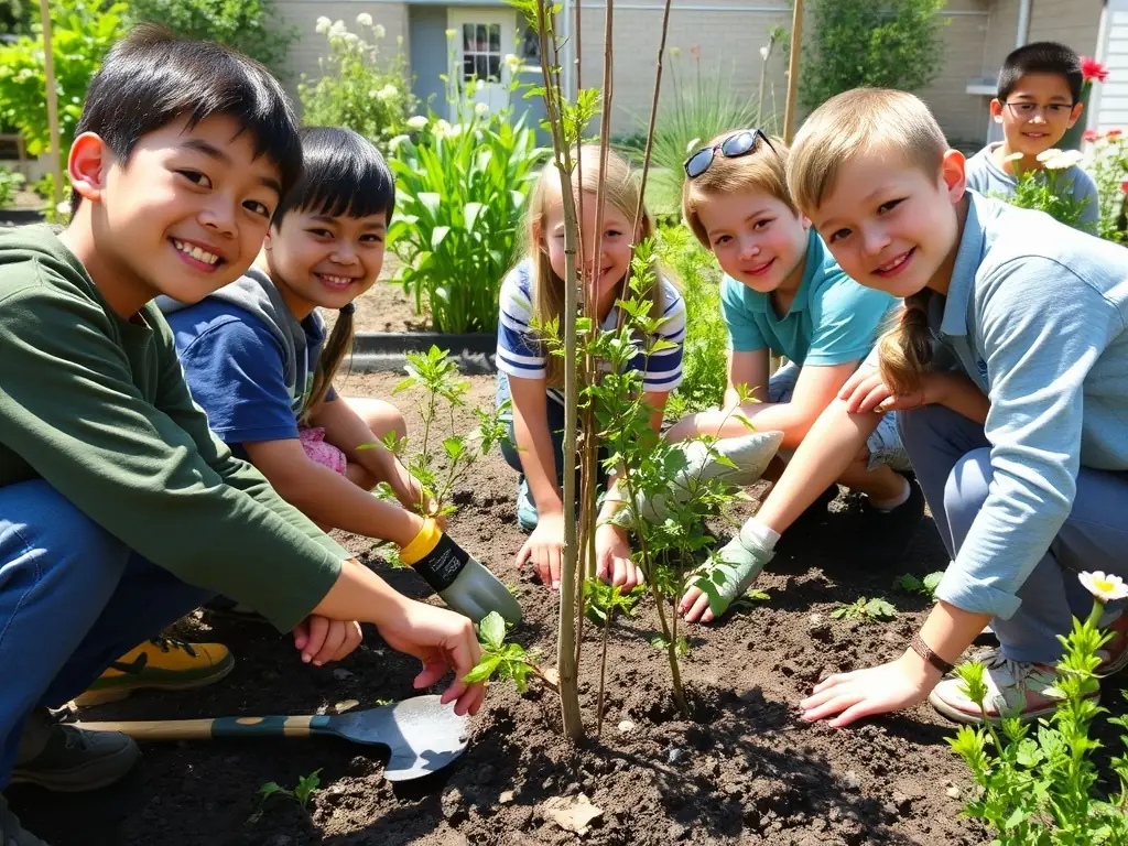 A serene image of children planting trees and learning about sustainable agriculture in the farm's ecological garden, emphasizing environmental education.
