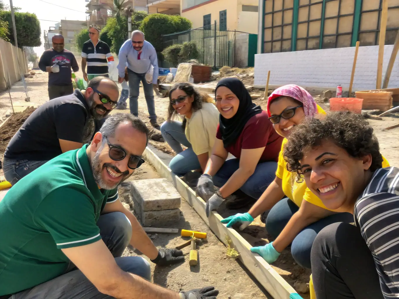 A vibrant image depicting participants engaged in a collaborative art project outdoors at the eco art farm, showcasing creativity and community interaction.