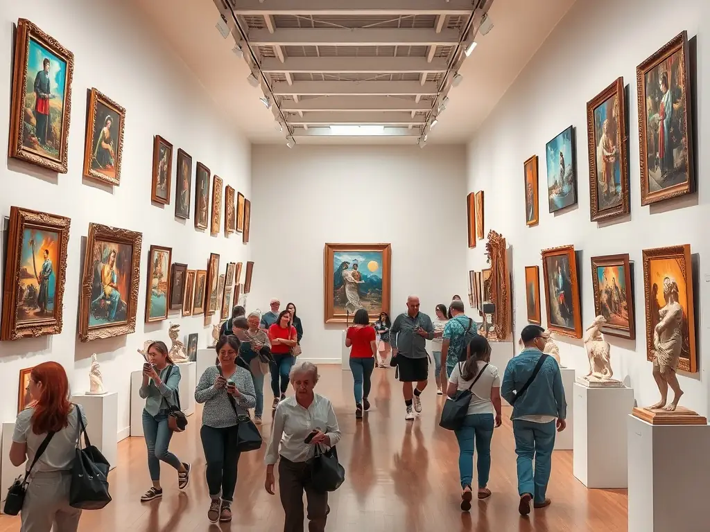 Image featuring an art exhibition showcasing works created during the association's workshops, with visitors admiring the art in a gallery setting at the eco art farm.
