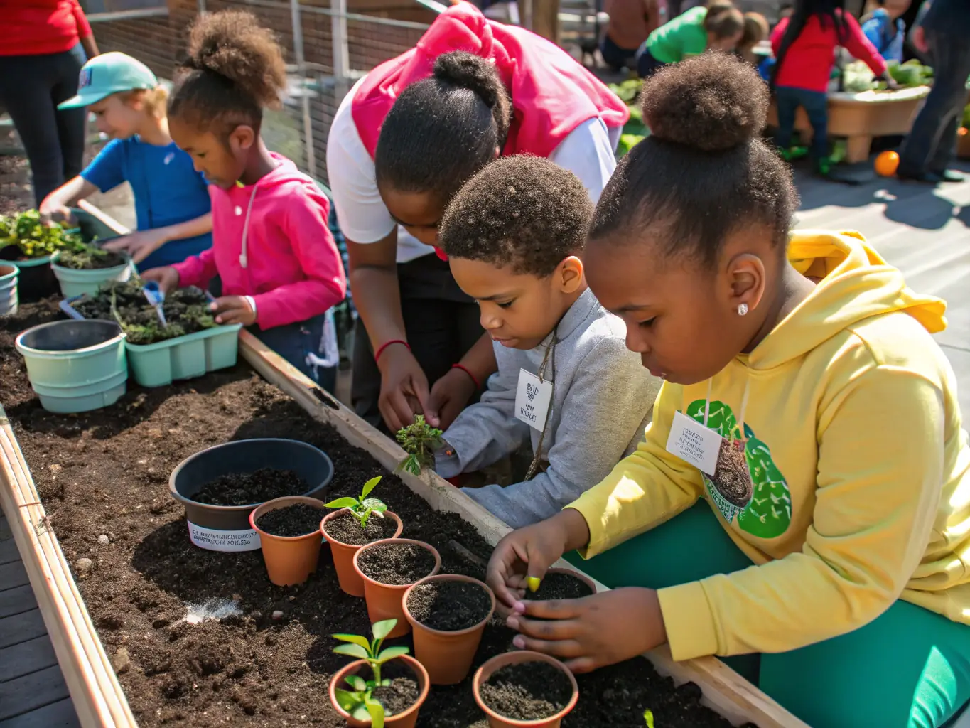 Image showcasing children participating in an outdoor ecological workshop, planting seeds and learning about sustainable gardening practices at the eco art farm.