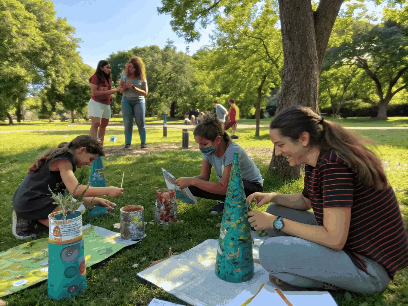 Image depicting a group of participants engaged in a collaborative art project using recycled materials, set in a vibrant outdoor setting at the eco art farm.
