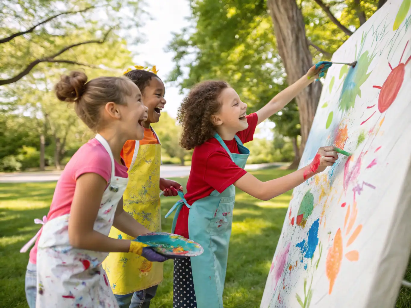 A vibrant image depicting participants of all ages engaged in a collaborative art project outdoors at ASSOCIATION ATELIER ETTL ECO ART FARM, with easels, paint, and natural materials visible.